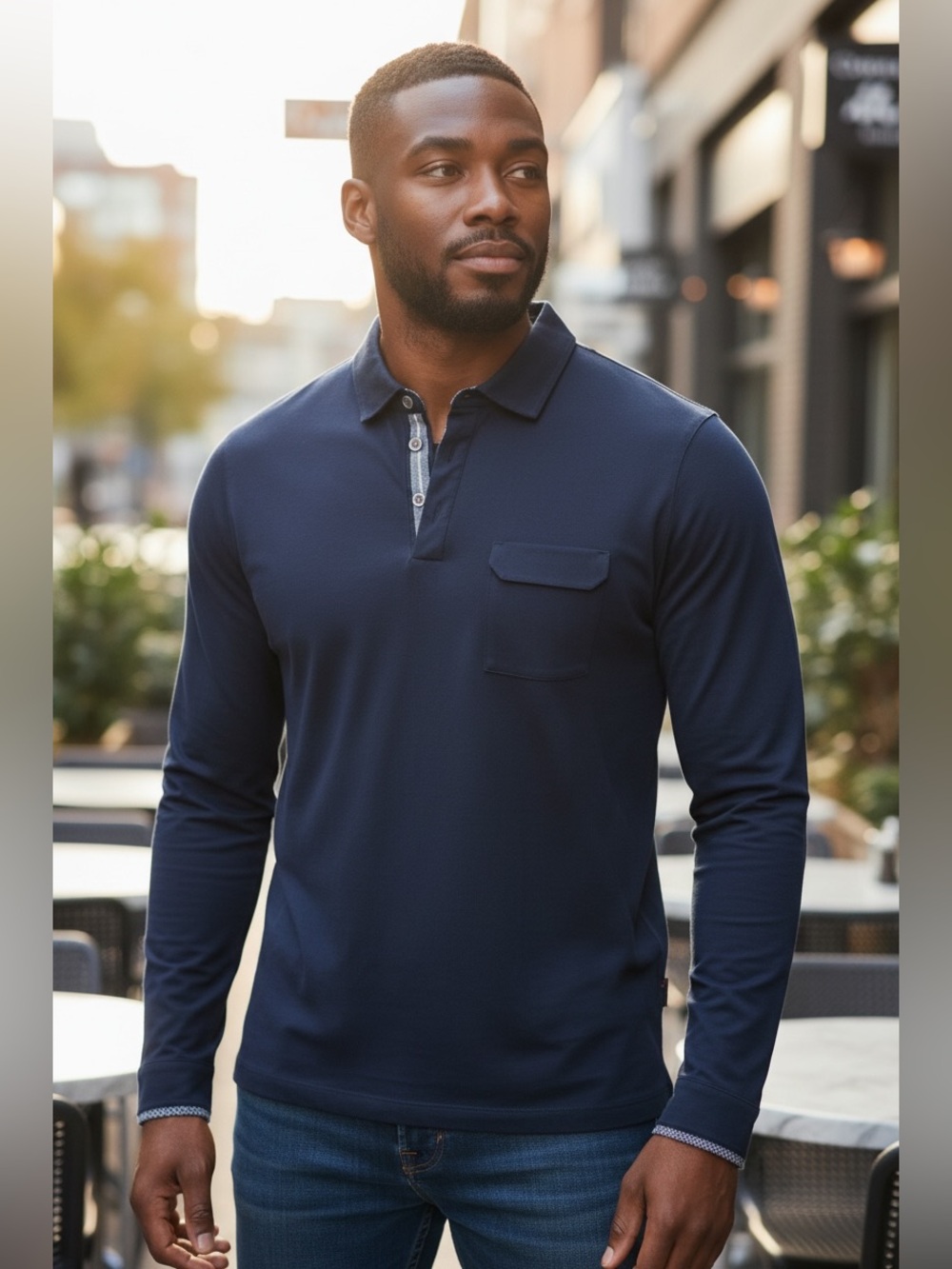 Ted Baker Navy Long-Sleeve Polo Sz 5 XL Chest Pocket Preppy Classic Designer